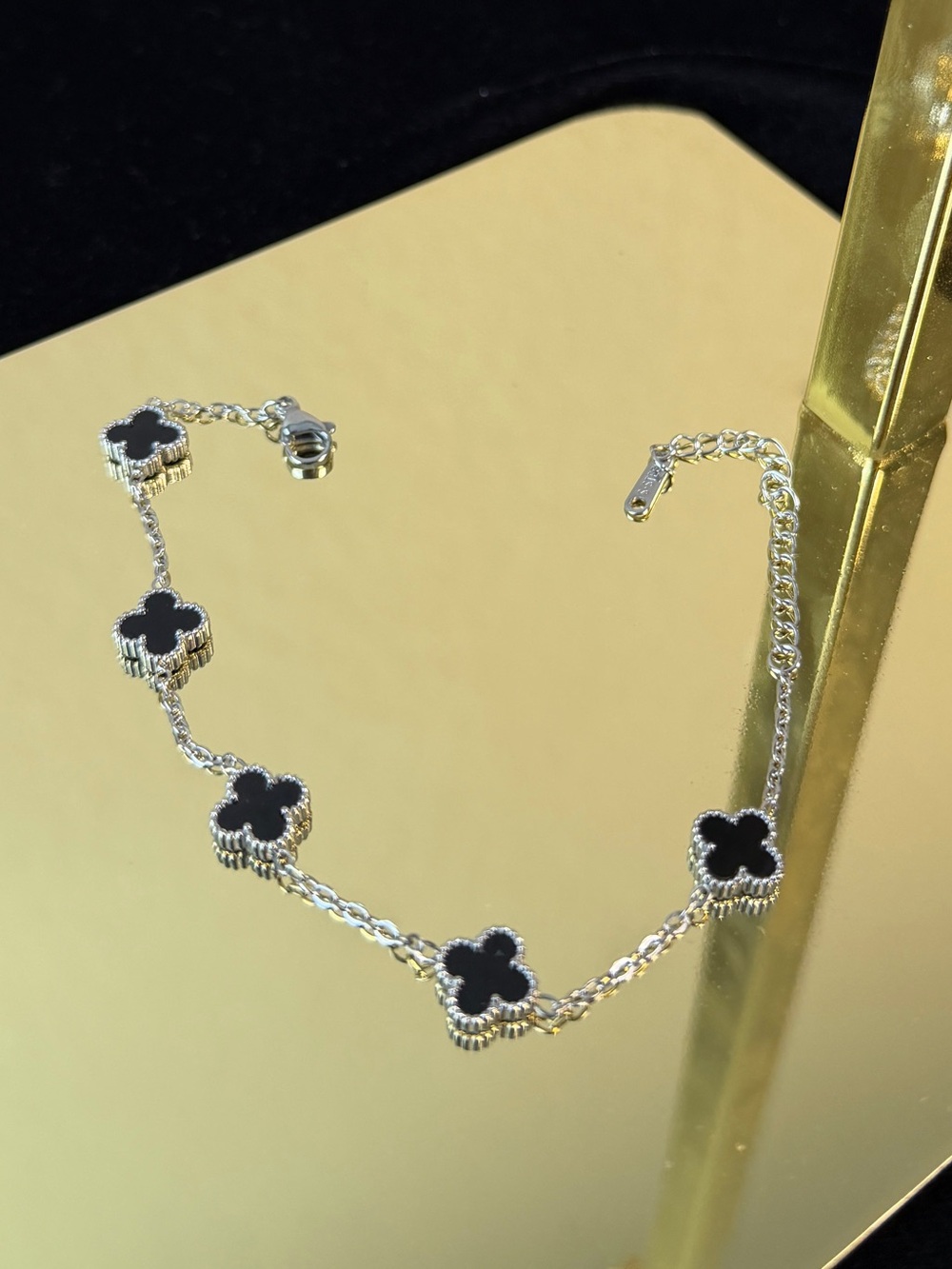 Women's Black Onyx Clover Bracelet on Stainless Steel